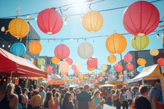Colorful lanterns hang over bustling street festival.