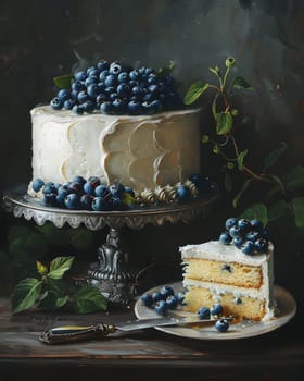 Artistic blueberry cake with icing, vintage style, dark background, detailed.