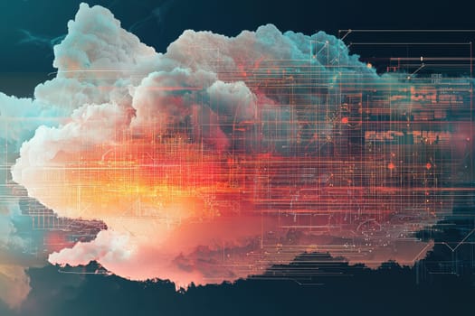 This abstract artwork features a vibrant cloud representation intertwined with digital data elements, reflecting the essence of modern computing and technology.