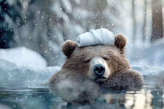 Relaxing bear cub in snowy water with towel on its head.