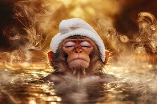 Relaxed monkey in warm bath with towel on its head, enjoying tranquility.