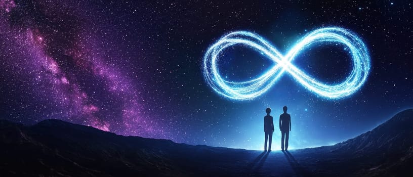 Two distant figures stand silhouetted under a vast starry night sky, gazing at a glowing infinity symbol made of ethereal light, evoking a sense of wonder and exploration.