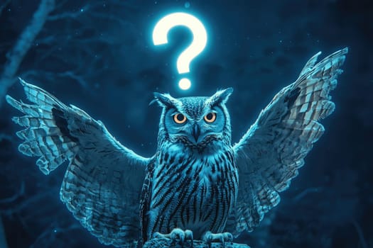 Majestic owl with wings spread, illuminated by glowing question mark.