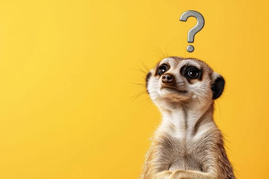 Curious meerkat with question mark on bright yellow background.