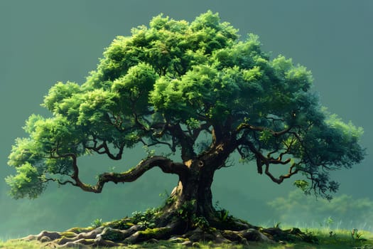 A tree in a natural landscape with numerous branches and leaves, adding beauty to the ecoregion. The sky provides a backdrop to the terrestrial plant, enhancing the diversity of vegetation and grass