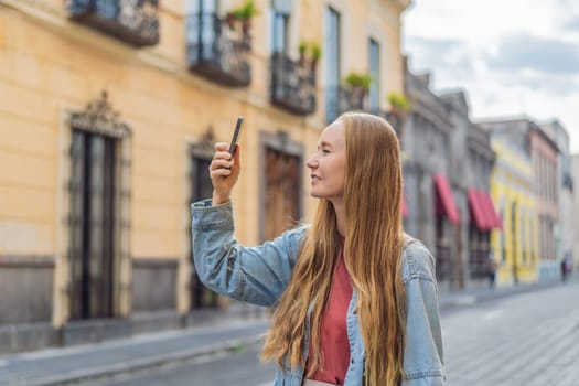 Female tourist walking through the colorful colonial streets of Puebla, Mexico. Travel, cultural exploration, and vibrant architecture concept.