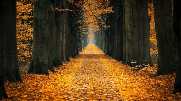 narrow forest trail covered in fallen yellow leaves.