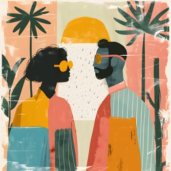 The man and woman stand side by side, their hairstyles distinct. Their gazes locked in an artistic gesture, resembling a painting framed in a rectangular illustration, rich in tints and shades