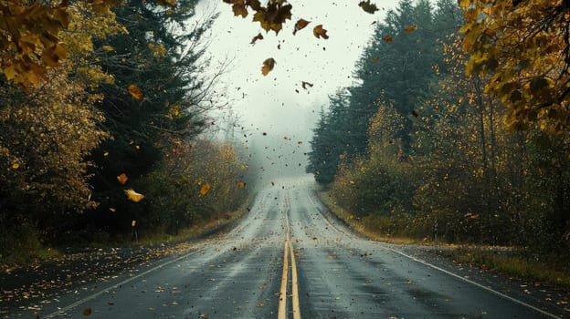 scenic highway framed by autumn trees with leaves falling gently.