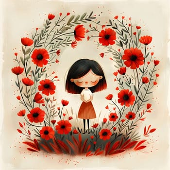 The girl is enclosed in a rectangle of red roses, creating a beautiful and artistic display of flowers surrounding her with a smile