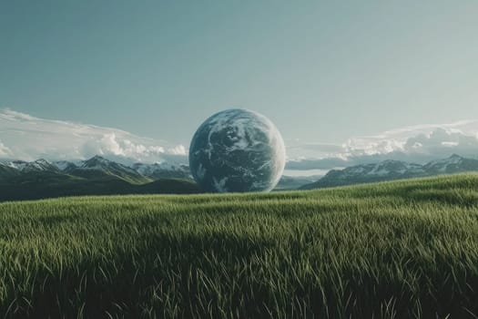 surreal landscape with giant sphere in grassy field.