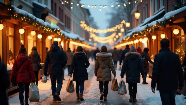 A lively winter market buzzes with holiday cheer as shoppers in warm clothing stroll along a snowy path illuminated by twinkling lights, creating a magical atmosphere during the evening hours.