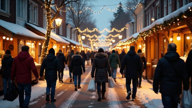 A lively winter market buzzes with holiday cheer as shoppers in warm clothing stroll along a snowy path illuminated by twinkling lights, creating a magical atmosphere during the evening hours.