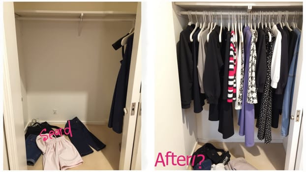 A dramatic before-and-after makeover showcases a closet transition from chaos to order, highlighting neatly hung garments in contrasting colors and styles, enhancing the space's functionality.