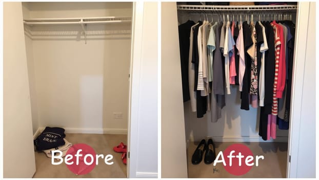 A dramatic before-and-after makeover showcases a closet transition from chaos to order, highlighting neatly hung garments in contrasting colors and styles, enhancing the space's functionality.