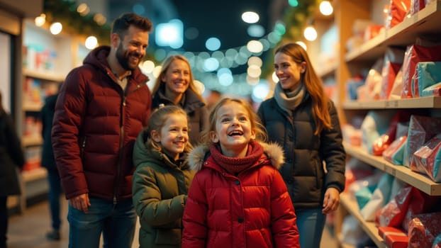 A cheerful family strolls through a vibrant market during the holiday season, illuminated by sparkling lights. Laughter fills the air as the children excitedly explore festive decorations.