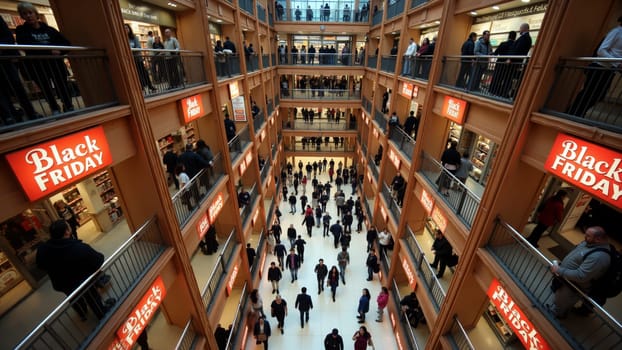 A lively crowd navigates multiple levels of a retail store filled with deals and festive energy, celebrating the excitement of Black Friday shopping.