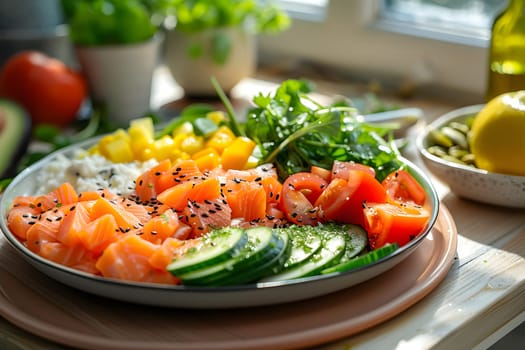 A plate of food featuring salmon, tomatoes, cucumbers, and various other vegetables is beautifully displayed on a table, complemented by a houseplant and flowerpot