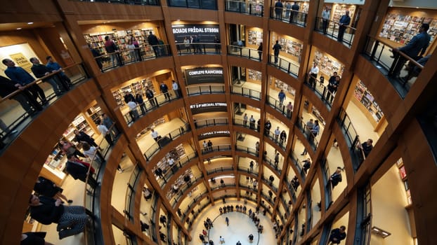 Gazing down into a unique architectural marvel, the spiral library captivates visitors immersed in reading. Shelves overflow with books, while people explore the serene atmosphere.