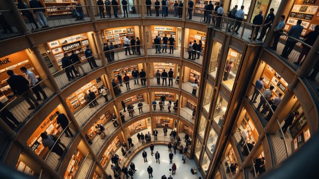 Gazing down into a unique architectural marvel, the spiral library captivates visitors immersed in reading. Shelves overflow with books, while people explore the serene atmosphere.