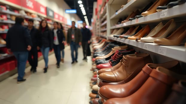 A bustling retail space filled with various shoes on display as shoppers explore stylish options. The atmosphere is lively, with people engaged in shopping while examining the latest trends.