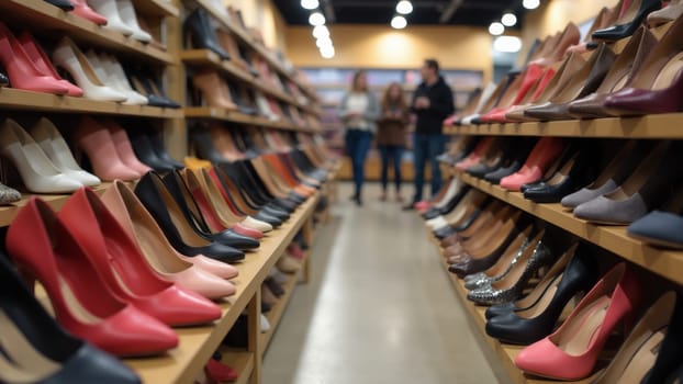 Customers browse thoughtfully among countless pairs of shoes, highlighting diverse styles and colors that fill the shelves, creating a lively shopping atmosphere in the early afternoon.