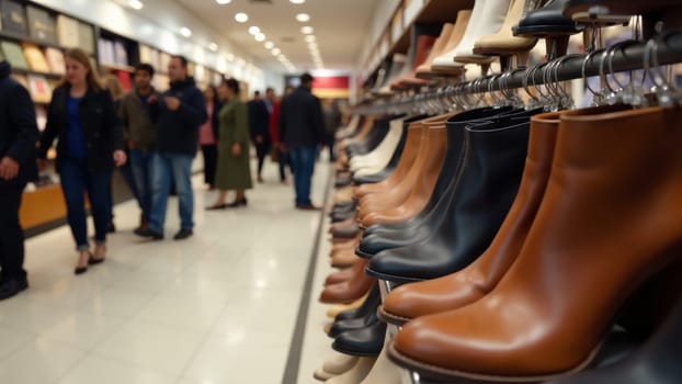 Brightly lit aisles showcase rows of stylish boots while enthusiastic shoppers browse the selection, creating a lively atmosphere in a bustling shoe store on a crisp autumn day.