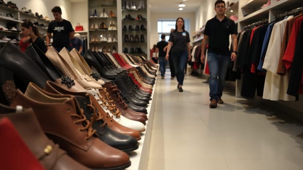 Brightly lit aisles showcase rows of stylish boots while enthusiastic shoppers browse the selection, creating a lively atmosphere in a bustling shoe store on a crisp autumn day.