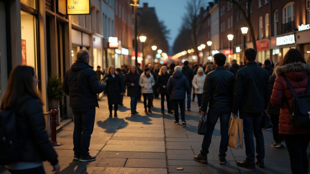 A talented musician plays a captivating tune on the street, drawing the attention of evening shoppers. Warm lights illuminate the bustling scene, enhancing the vibrant atmosphere of the district.