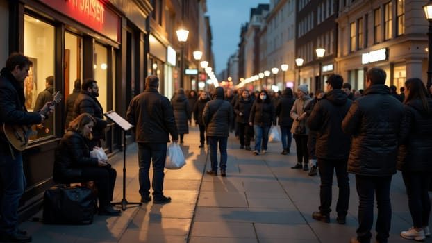 As dusk falls, a lively crowd meanders through the streets, illuminated by warm lights. A saxophonist enhances the atmosphere, blending music with the energy of evening shoppers.