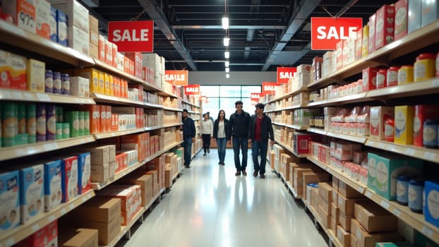 Shoppers wander through a vibrant aisle filled with assorted pillows, enjoying the weekend sale atmosphere in a bustling retail store. Soft colors and attractive promotions fill the space.