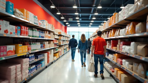 Shoppers wander through a vibrant aisle filled with assorted pillows, enjoying the weekend sale atmosphere in a bustling retail store. Soft colors and attractive promotions fill the space.