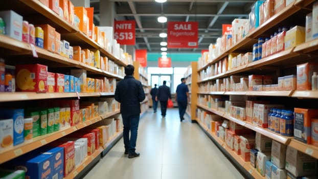 Shoppers wander through a vibrant aisle filled with assorted pillows, enjoying the weekend sale atmosphere in a bustling retail store. Soft colors and attractive promotions fill the space.