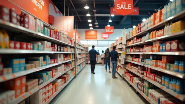 Shoppers wander through a vibrant aisle filled with assorted pillows, enjoying the weekend sale atmosphere in a bustling retail store. Soft colors and attractive promotions fill the space.