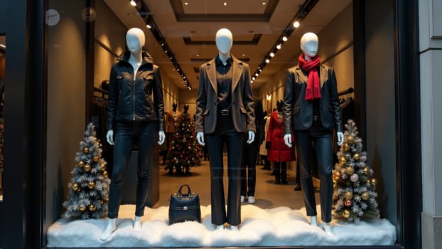A trendy boutique showcases winter fashion with elegant black attire on mannequins, alongside festive decorations like pine trees, reflecting a stylish holiday atmosphere.