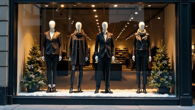 In a well-lit boutique, elegant mannequins showcase stylish winter attire, surrounded by festive greenery.