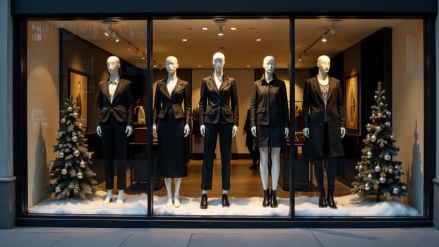 In a well-lit boutique, elegant mannequins showcase stylish winter attire, surrounded by festive greenery.