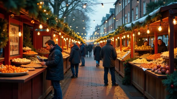 As twilight falls, visitors stroll through a vibrant winter market, with stalls of colorful fruits and twinkling lights, creating a cozy, warm community atmosphere.