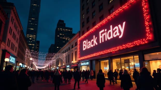 As twilight descends, shoppers flock to the vibrant streets adorned with twinkling lights, drawn by the allure of Black Friday sales. The festive atmosphere buzzes with anticipation and energy.