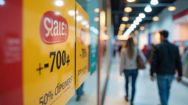 A vibrant mall buzzes with shoppers eagerly exploring various stores during a lively sale event. Colorful signage promotes discounts and draws attention from passersby filled with excitement.