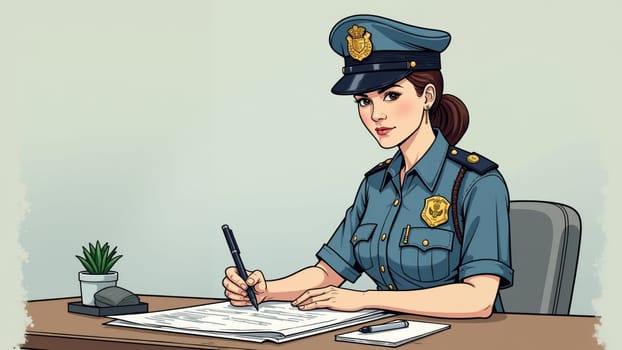 A police officer, wearing a uniform complete with badges, attentively writes on a form at her organized desk, with a small plant adding a touch of greenery to the workspace.