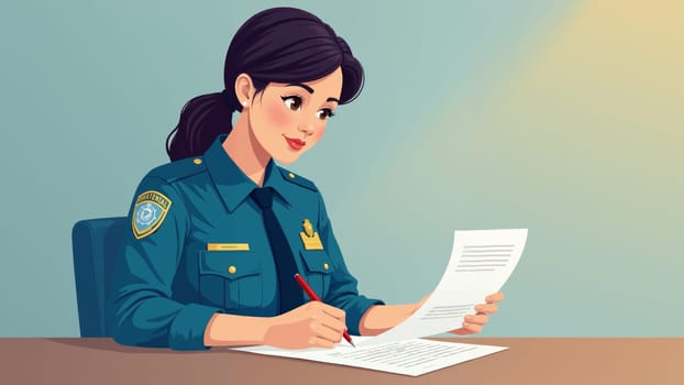 In a quiet police station, an officer thoughtfully reviews her case notes, pen in hand, demonstrating her commitment to serving her community through diligent documentation of important details.