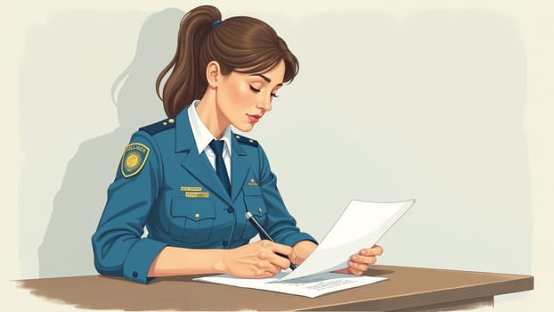 In a quiet police station, an officer thoughtfully reviews her case notes, pen in hand, demonstrating her commitment to serving her community through diligent documentation of important details.