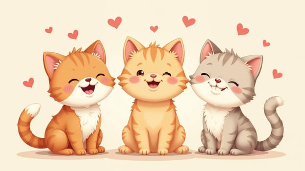 Three cute kittens sit closely together, displaying cheerful expressions. The charming orange and gray furballs are surrounded by floating hearts, capturing a moment of pure happiness and love.