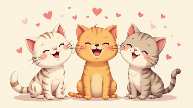 Three cute kittens sit closely together, displaying cheerful expressions. The charming orange and gray furballs are surrounded by floating hearts, capturing a moment of pure happiness and love.