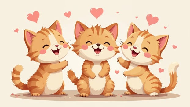 Three cheerful cats sit close together, beaming with joy. Their playful expressions are accompanied by hearts floating above, creating a warm, inviting atmosphere of camaraderie and fun.
