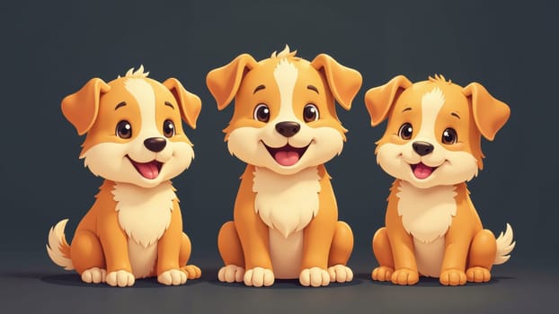 Three adorable cartoon puppies sit close together, their joyful expressions radiating happiness and innocence. Their fur is golden with white markings, embodying the essence of playful companionship.