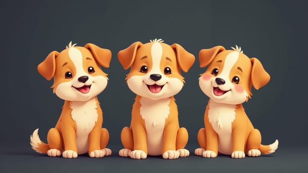 Three cheerful cartoon puppies sit side by side, each showcasing their unique personalities with bright eyes and playful smiles. Their fluffy coats and loving demeanor invite joy and warmth.