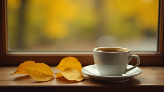 A white cup filled with steaming coffee sits on a wooden ledge, next to vibrant yellow leaves, as autumn sunlight casts a warm glow through the window, creating a peaceful and inviting atmosphere.
