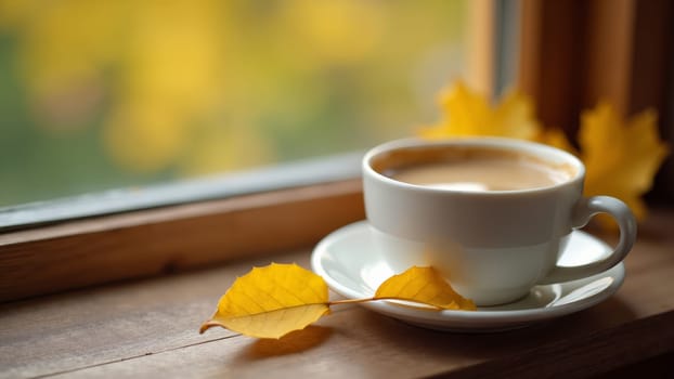 A white cup filled with steaming coffee sits on a wooden ledge, next to vibrant yellow leaves, as autumn sunlight casts a warm glow through the window, creating a peaceful and inviting atmosphere.